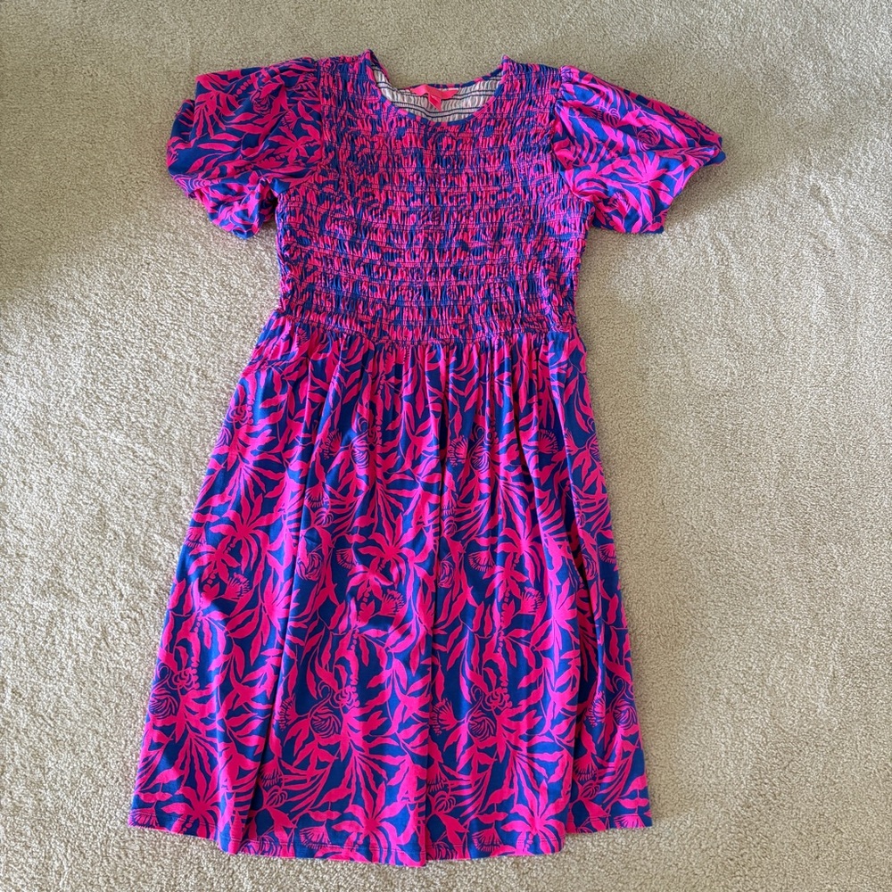 Lilly Pulitzer Crystelle Pink & Blue Floral Smocked Dress size Large